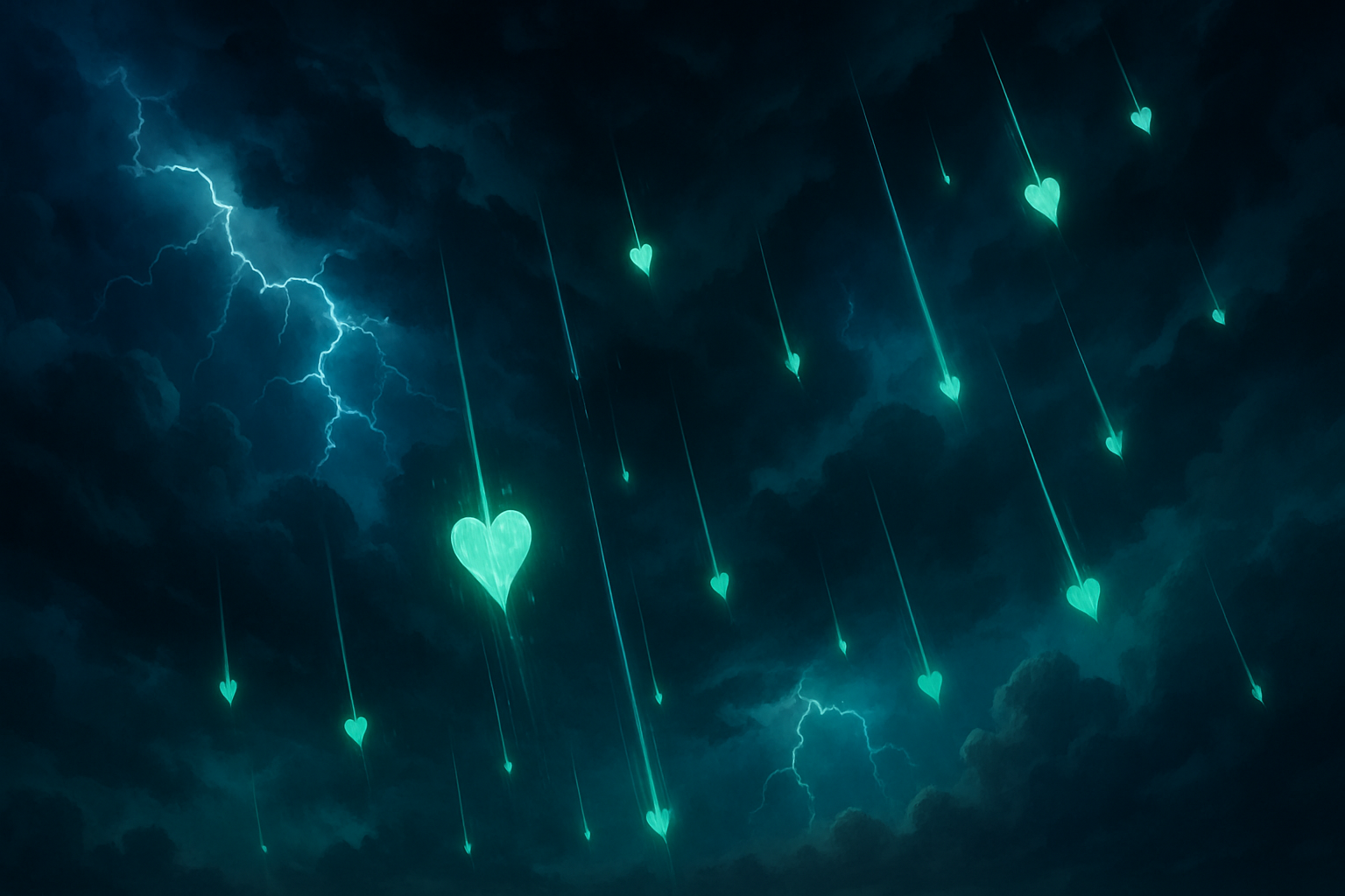 Thunder sky with Falling hearts like shooting stars in Blue and green hue tones 